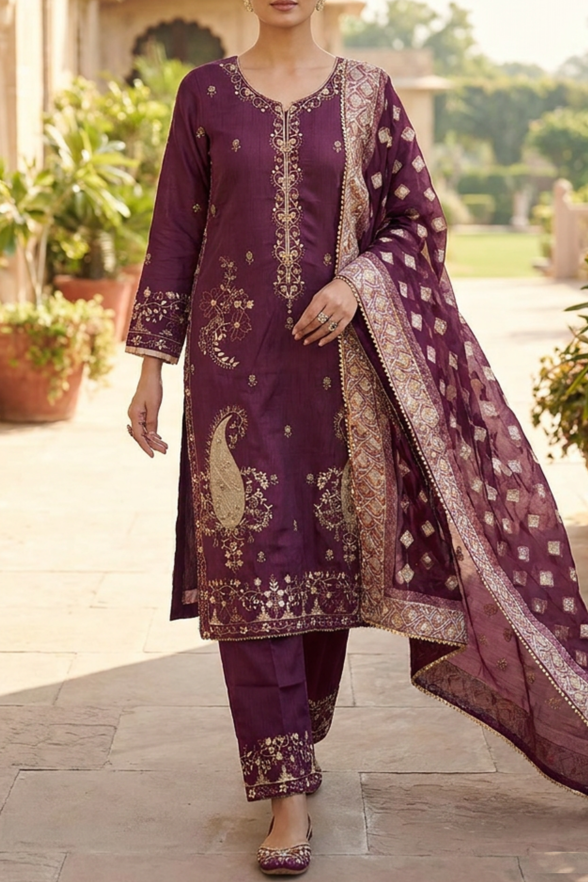 Motif Embroidered Raw Silk Suit-4118
