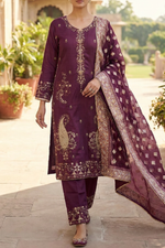 Motif Embroidered Raw Silk Suit-4118