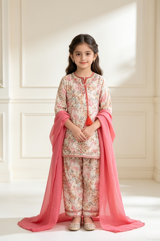 Motif Girls Embroidered Cotton Suit-26432