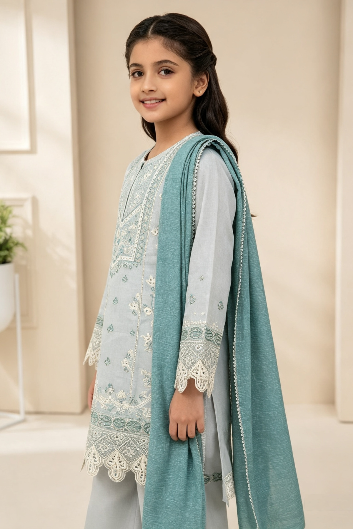 Motif Girls Embroidered Poly Slub Suit-734