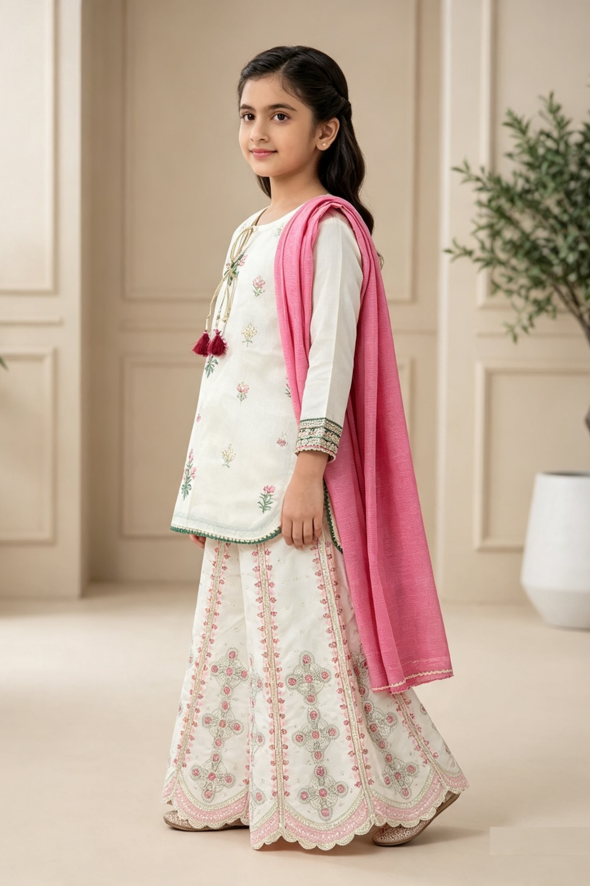 Motif Girls Embroidered Raw Silk Suit-726