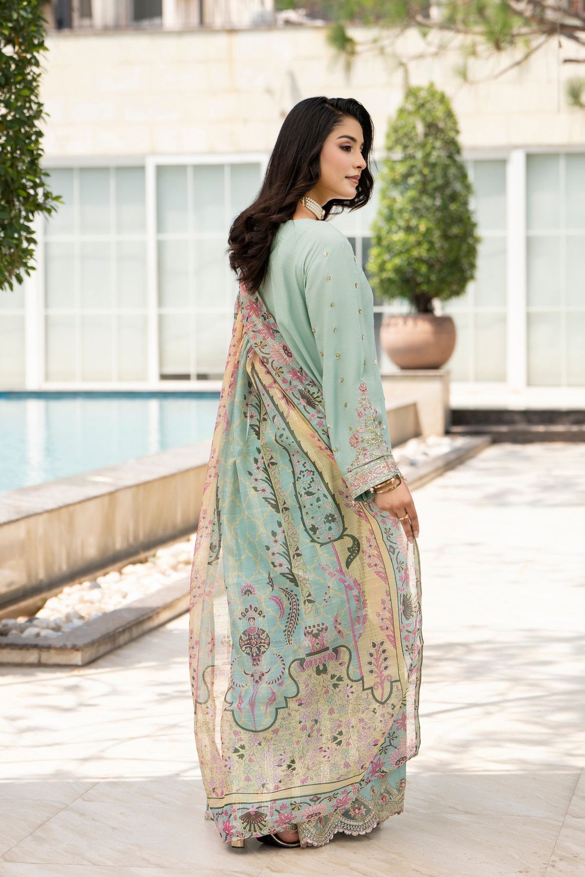 Motif Raw Silk Embroidered Suit-4095