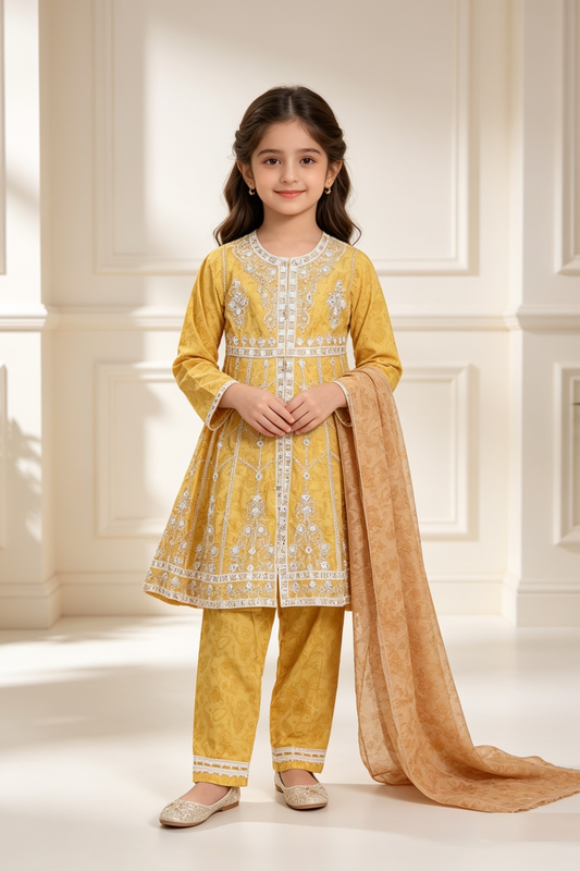 Motif Girls Embroidered Cotton Suit-26558