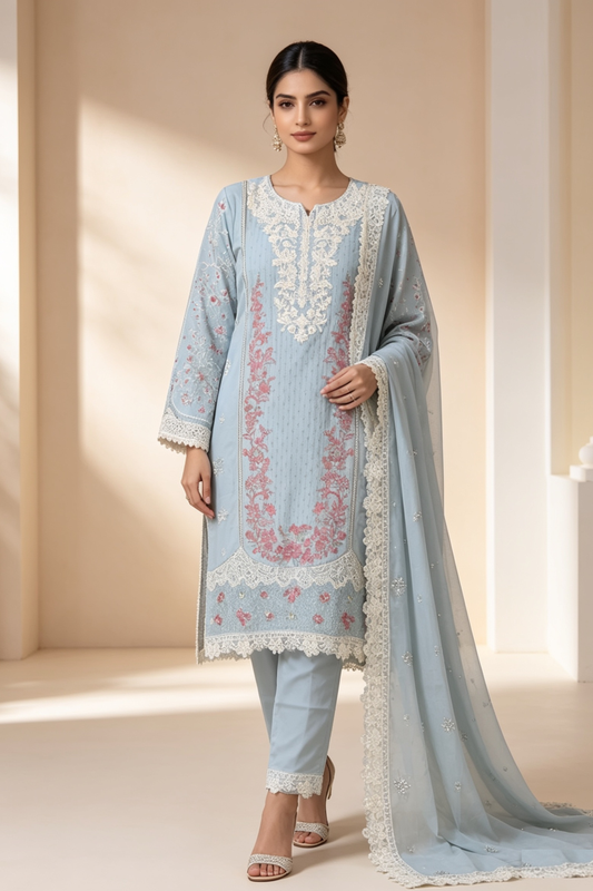 Motif Embroidered Cotton Suit-1842