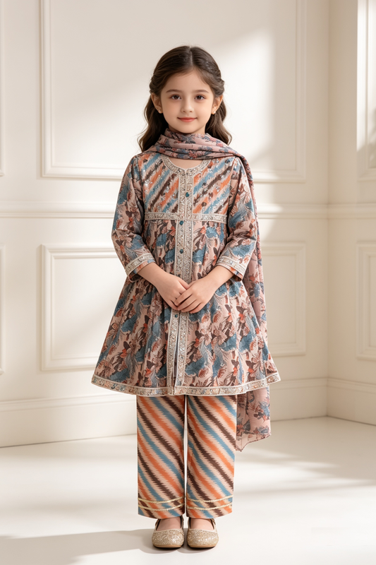Motif Girls Embroidered Cotton Suit-26553
