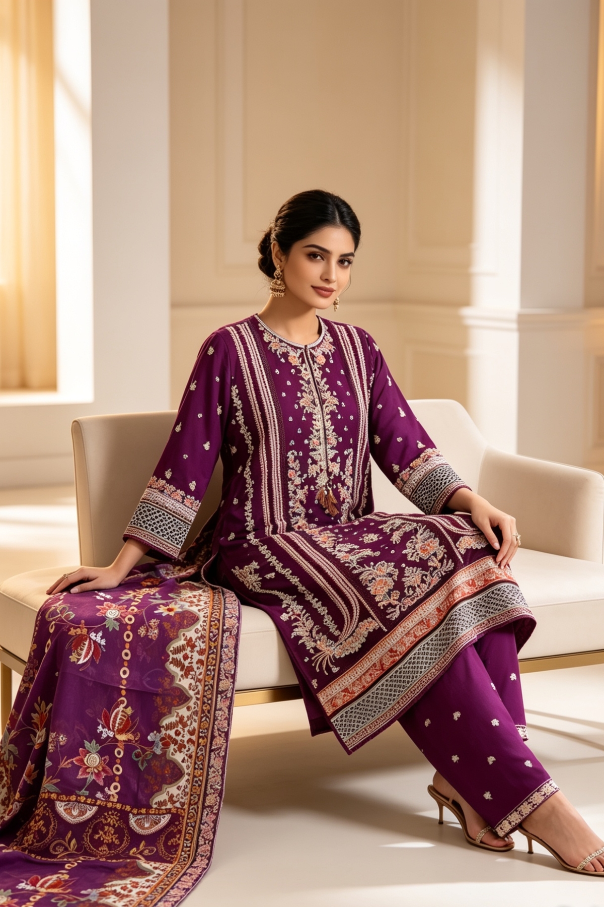 Motif Embroidered Cotton Suit-1840