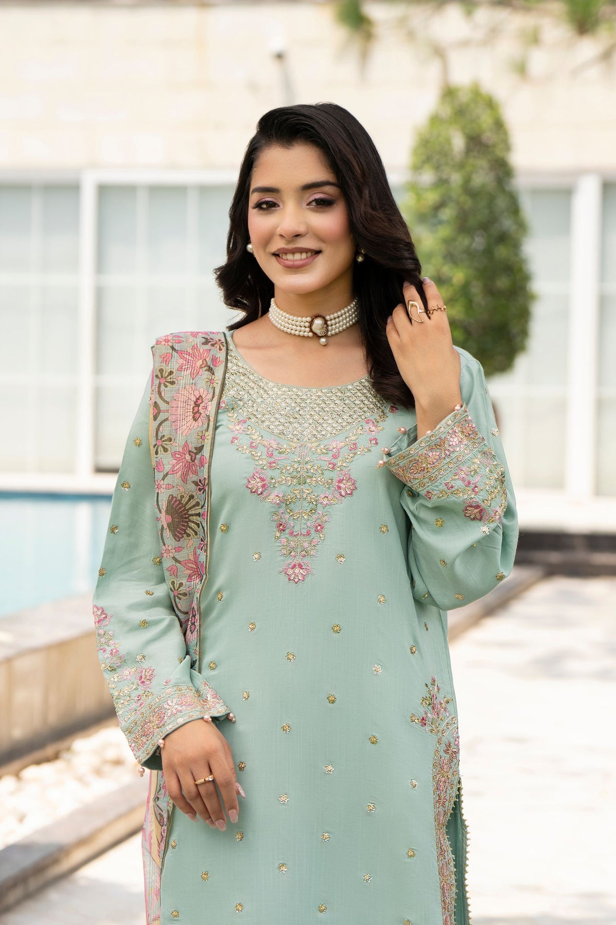 Motif Raw Silk Embroidered Suit-4095