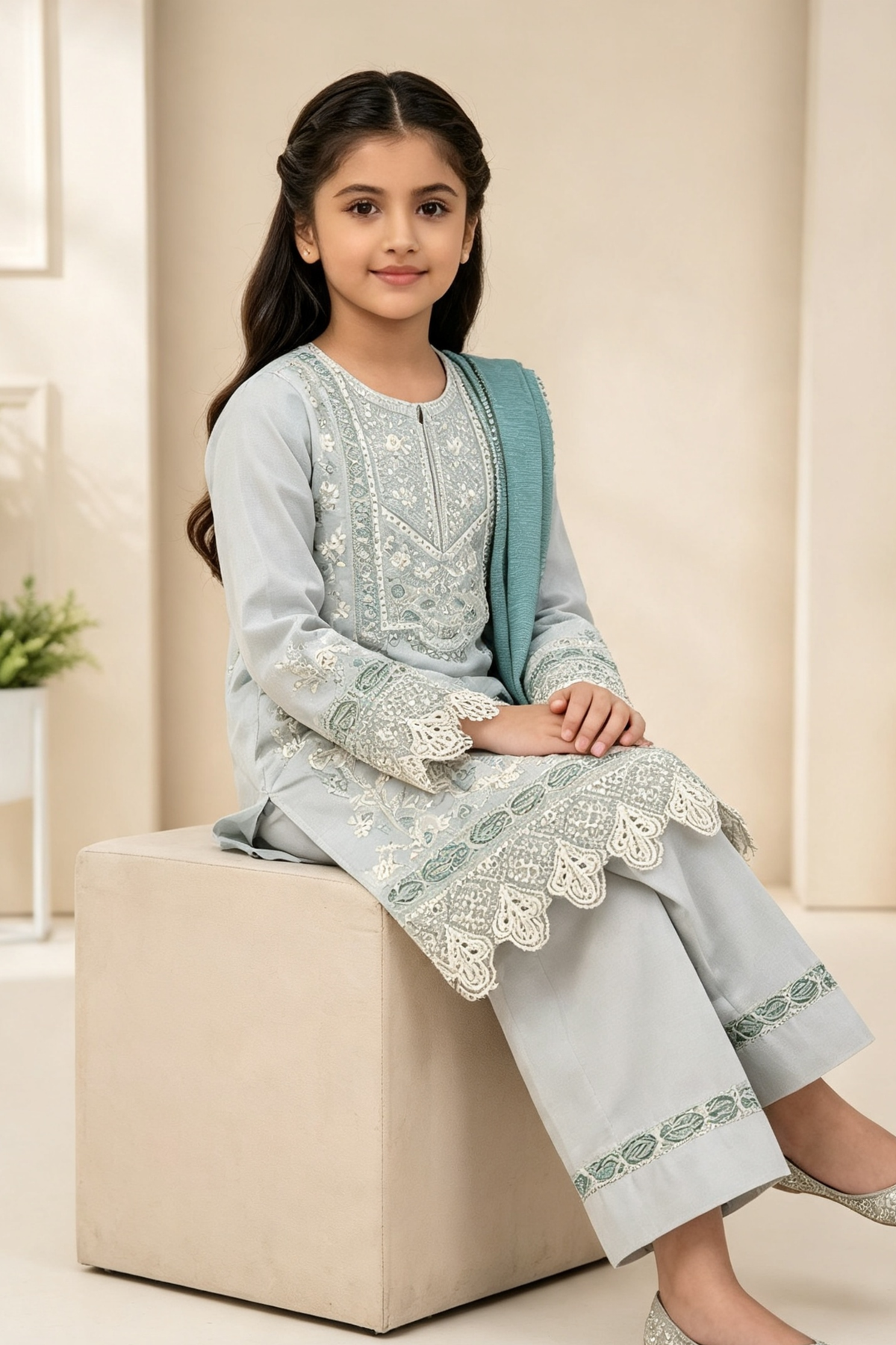 Motif Girls Embroidered Poly Slub Suit-734