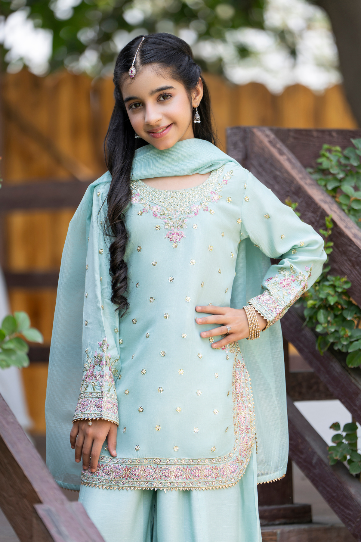 Motif Girls Embroidered Silk Suit-710