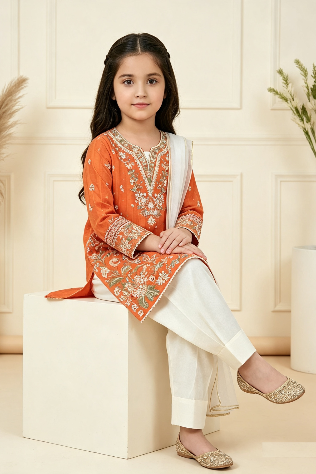 Motif Girls Embroidered Cambric Suit-063