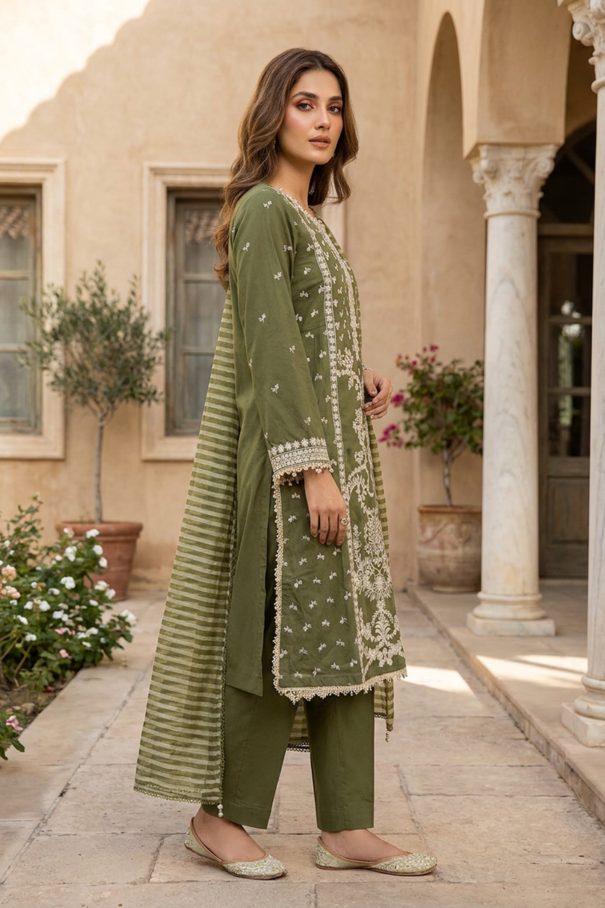 Motif Embroidered Cotton Suit-3832