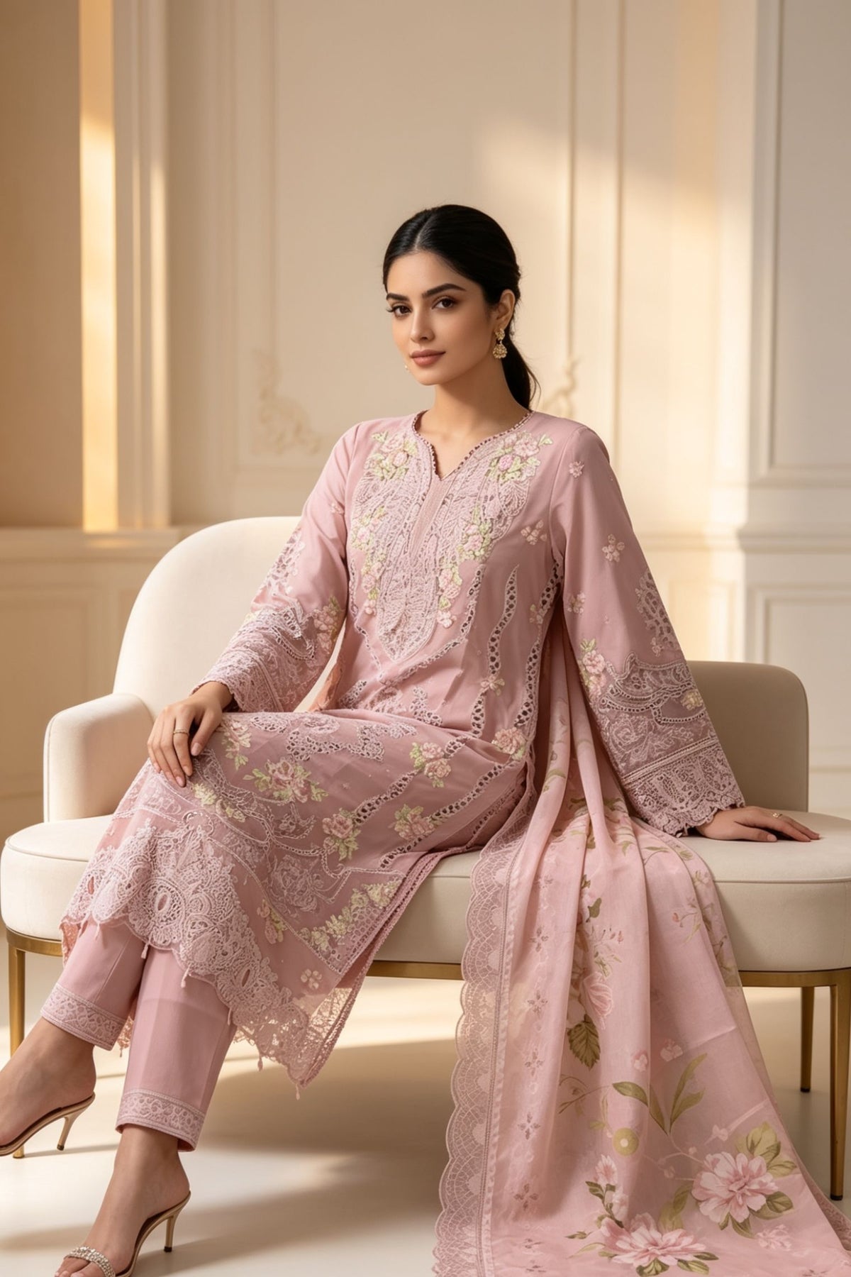 Motif Embroidered Cotton Suit-1843