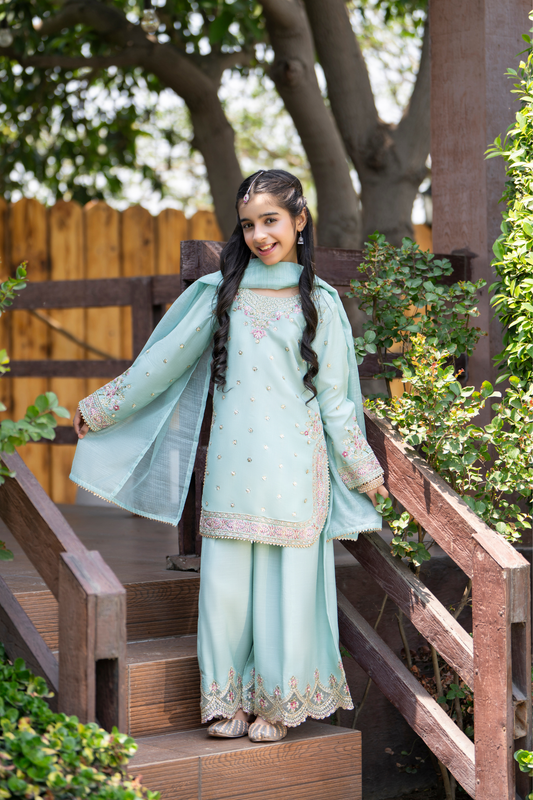 Motif Girls Embroidered Silk Suit-710