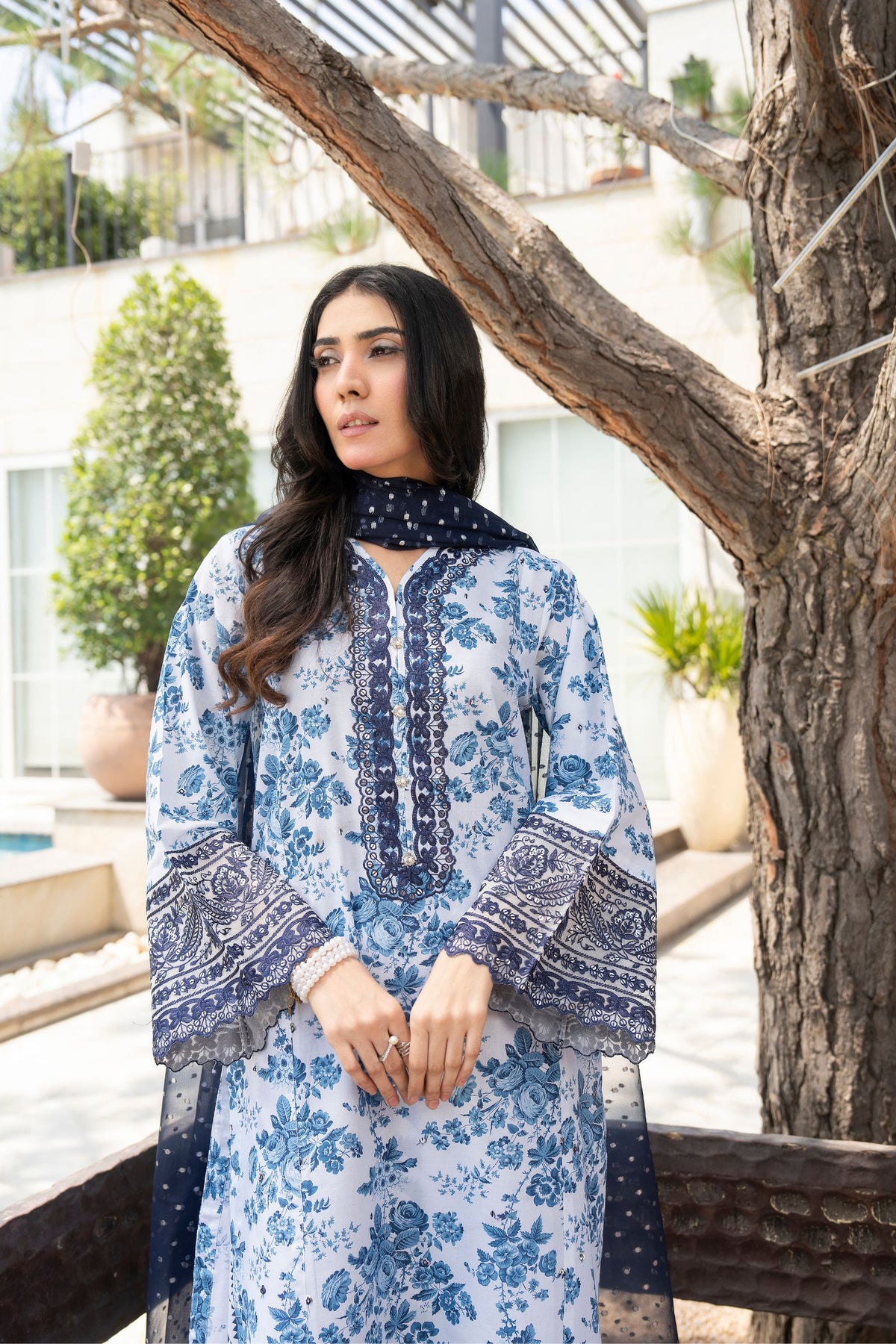 Motif Printed Embroidered Cambric Suit-052