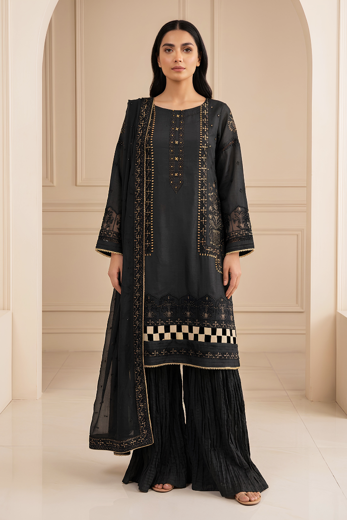 Motif Raw Silk Embroidered Suit-025