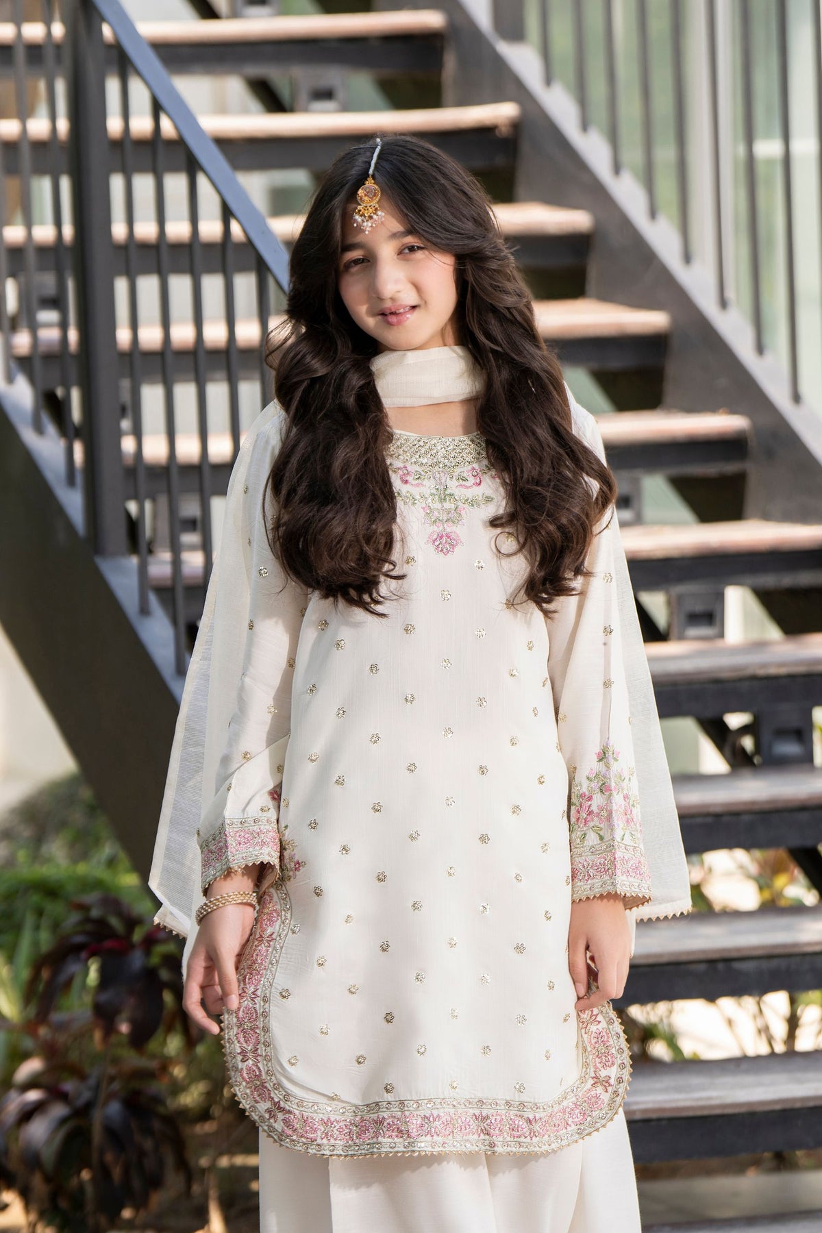 Motif Girls Embroidered Silk Suit-710