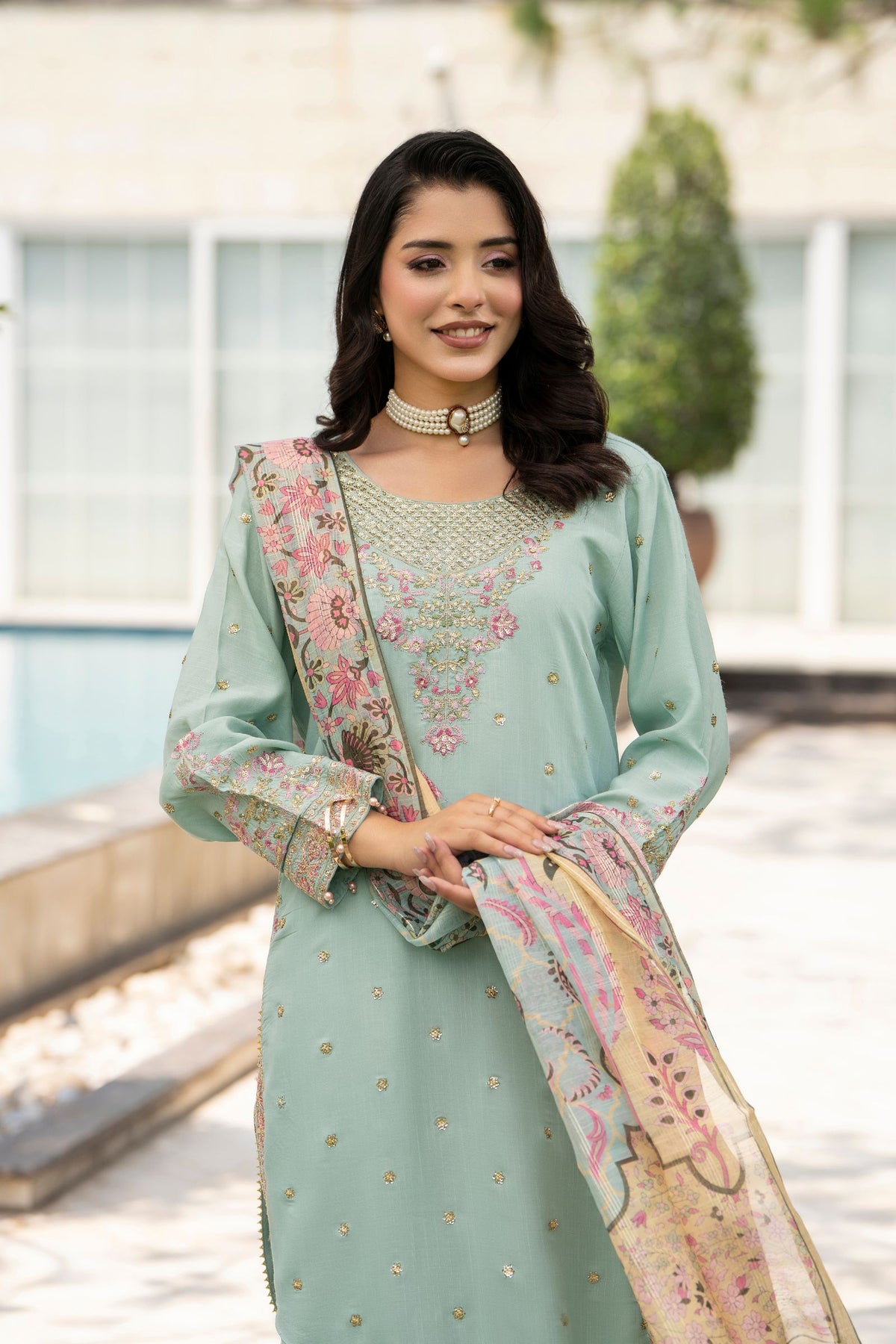Motif Raw Silk Embroidered Suit-4095