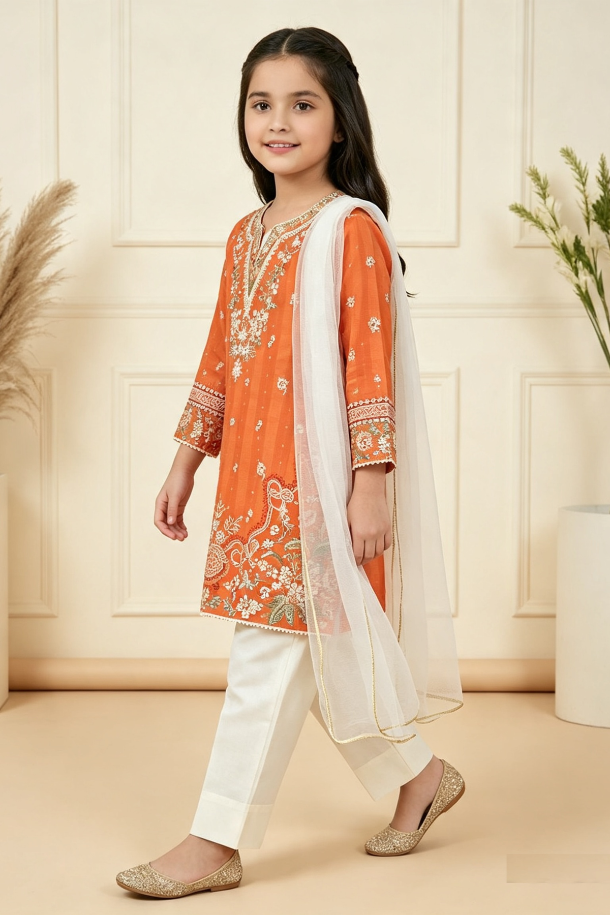 Motif Girls Embroidered Cambric Suit-063