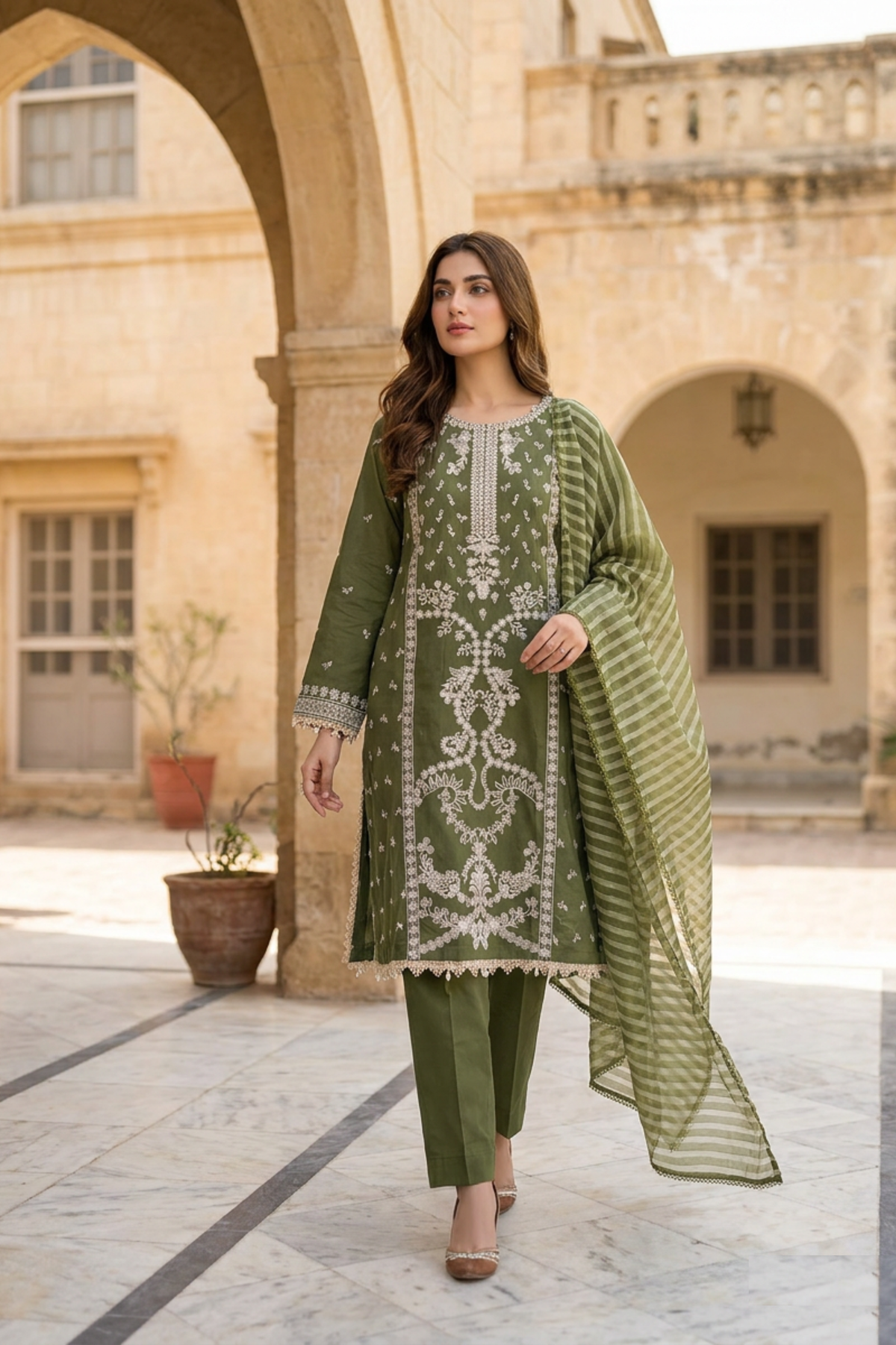 Motif Embroidered Cotton Suit-3832