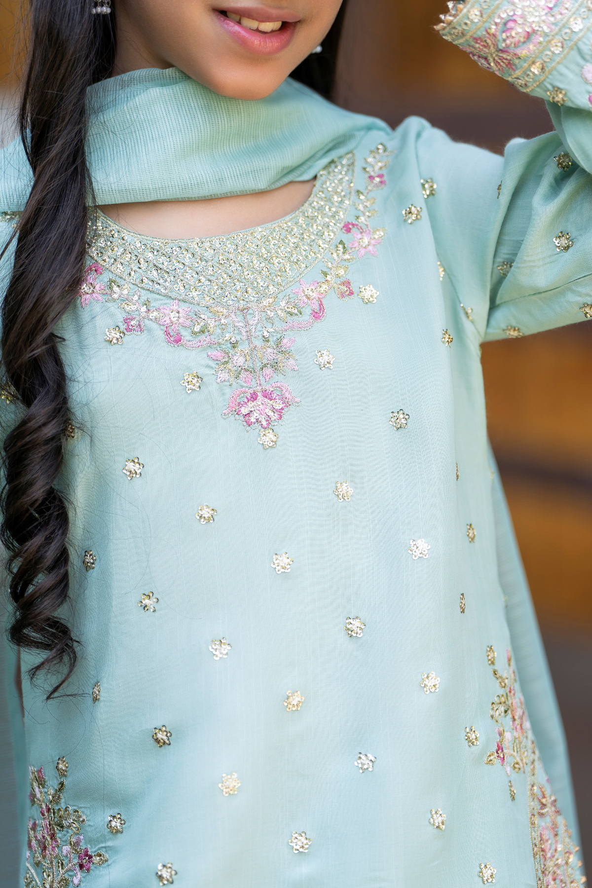 Motif Girls Embroidered Silk Suit-710