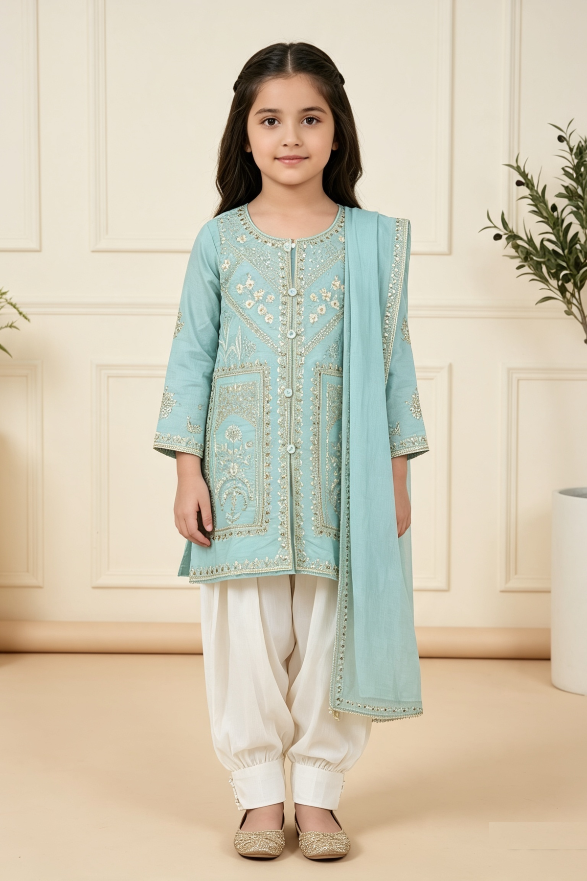 Motif Girls Printed Viscose Suit-756