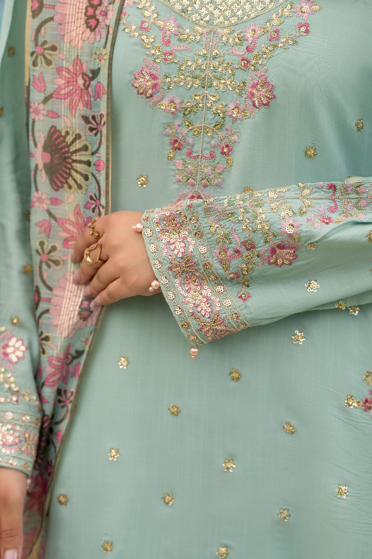 Motif Raw Silk Embroidered Suit-4095
