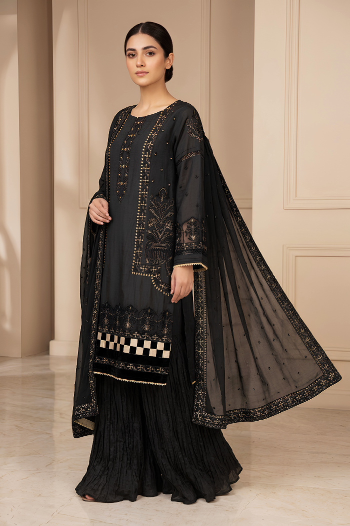 Motif Raw Silk Embroidered Suit-025
