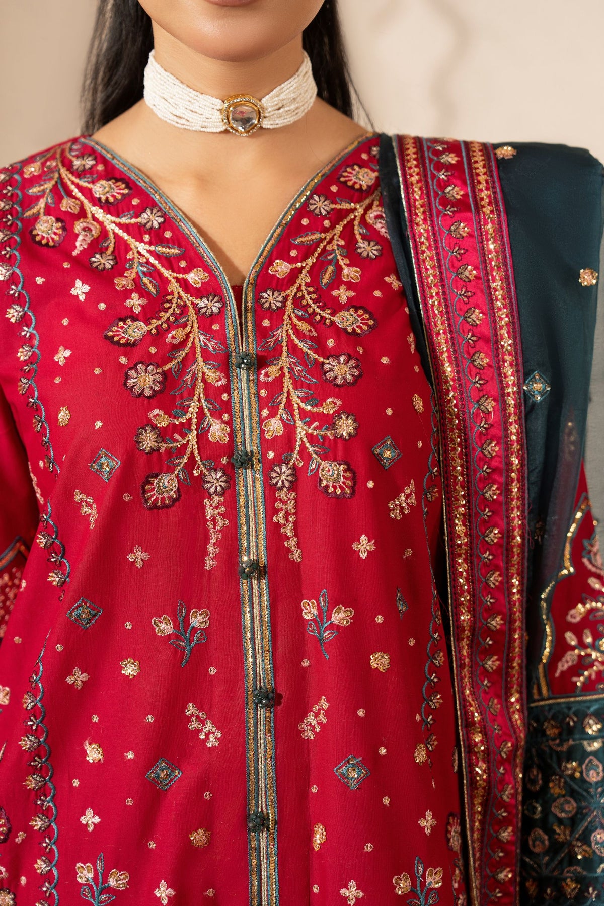 Motif Embroidered Cambric Suit-014