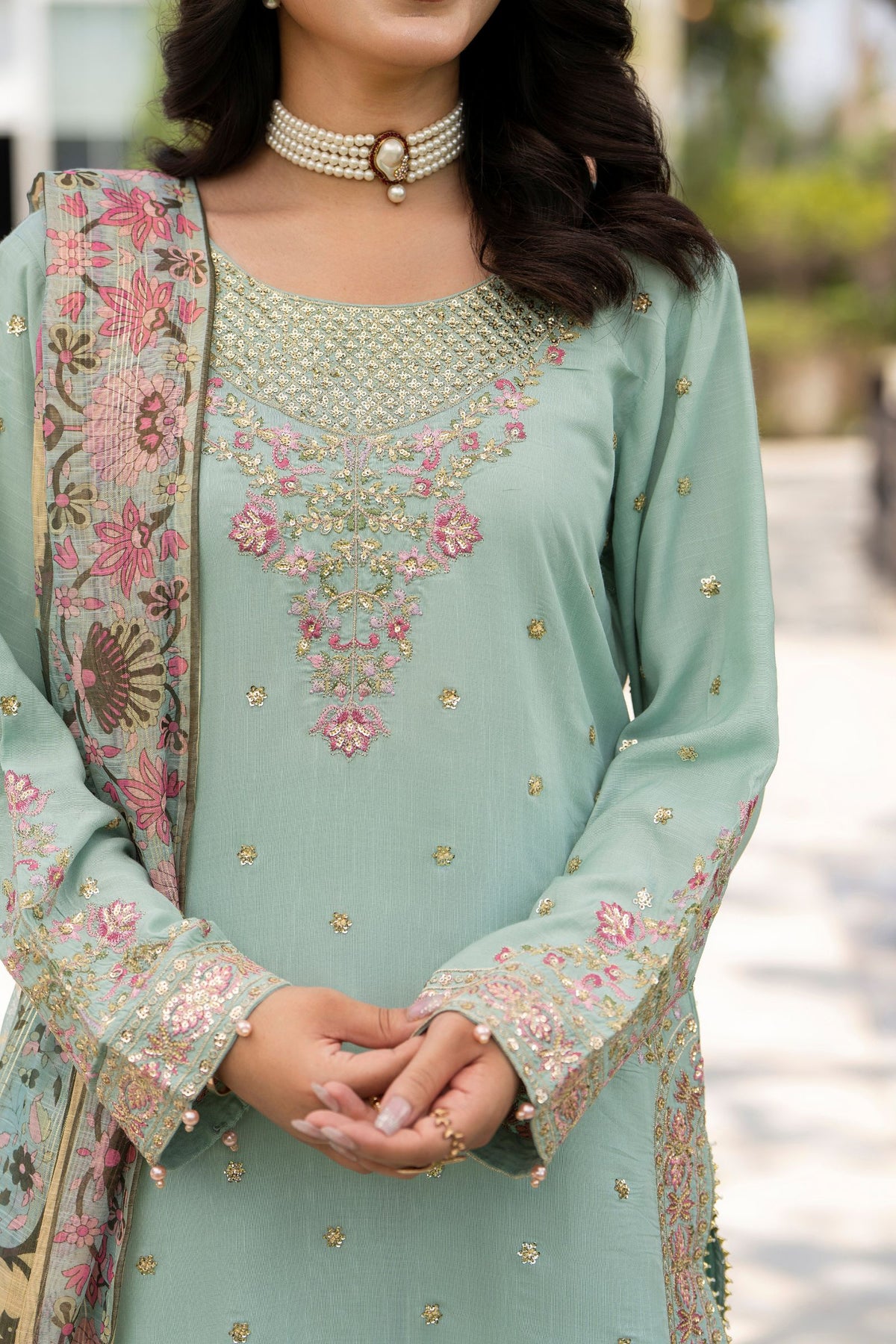 Motif Raw Silk Embroidered Suit-4095