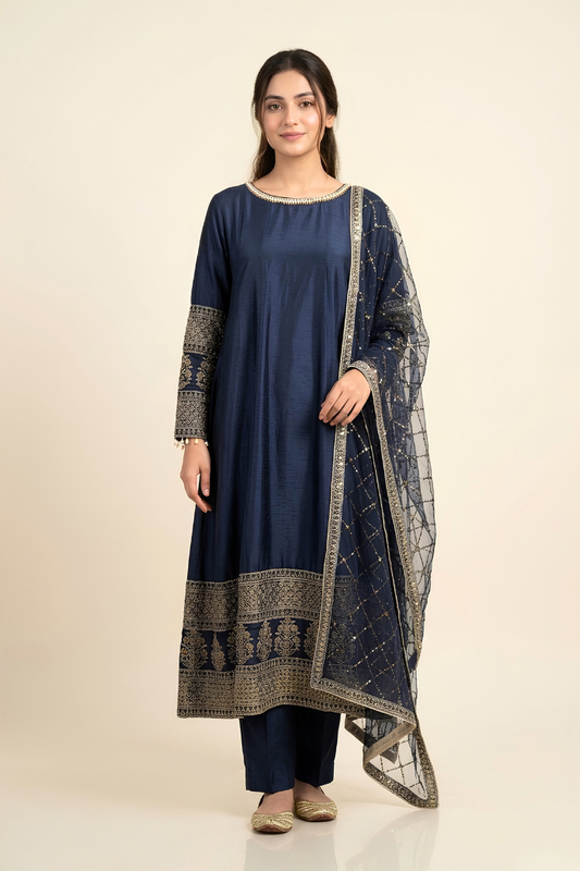 Motif Raw Silk Embroidered Frock-032