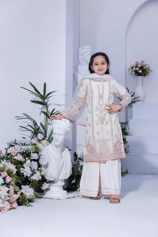 Motif Girls Cotton Net Embroidered Suit