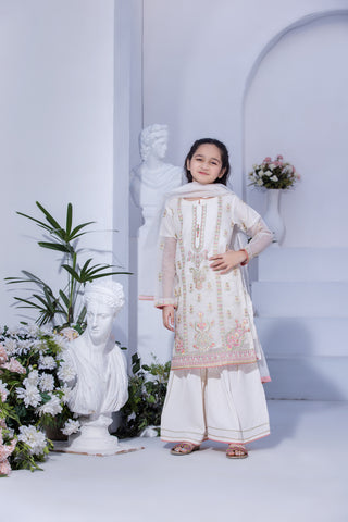 Motif Girls Cotton Net Embroidered Suit