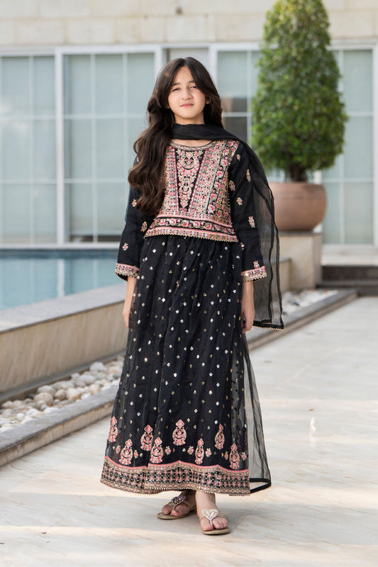 Motif Girls Embroidered Organza Suit-703