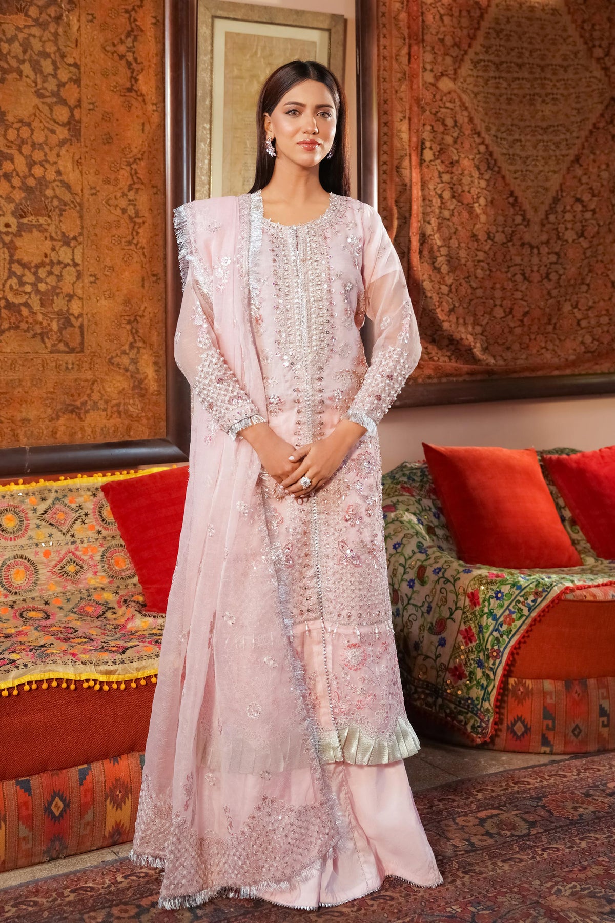 Motif Cotton Net Embroidered Suit