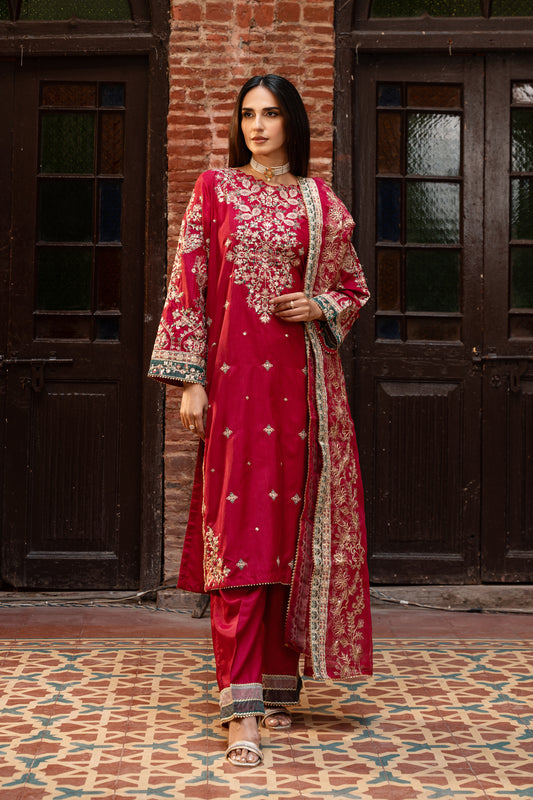Motif Raw Silk Embroidered Suit-3461