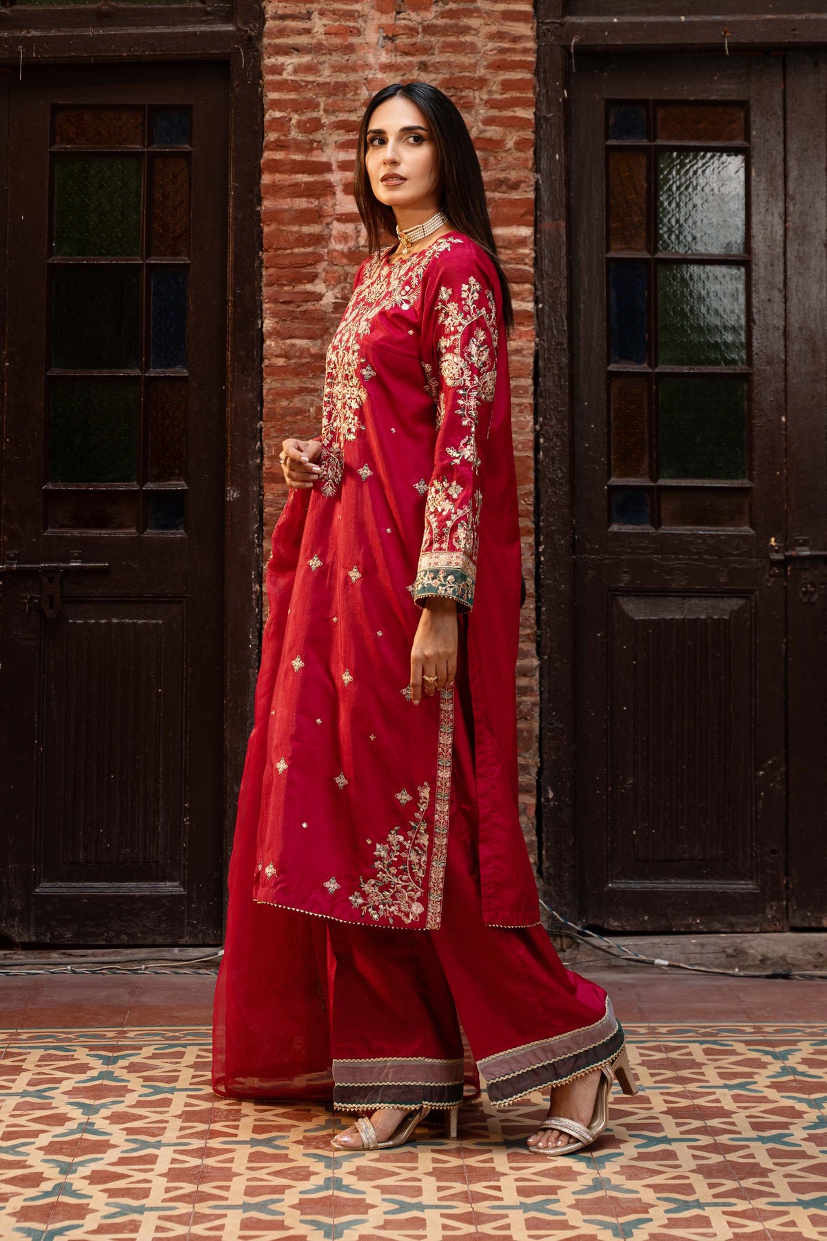 Motif Raw Silk Embroidered Suit-3461