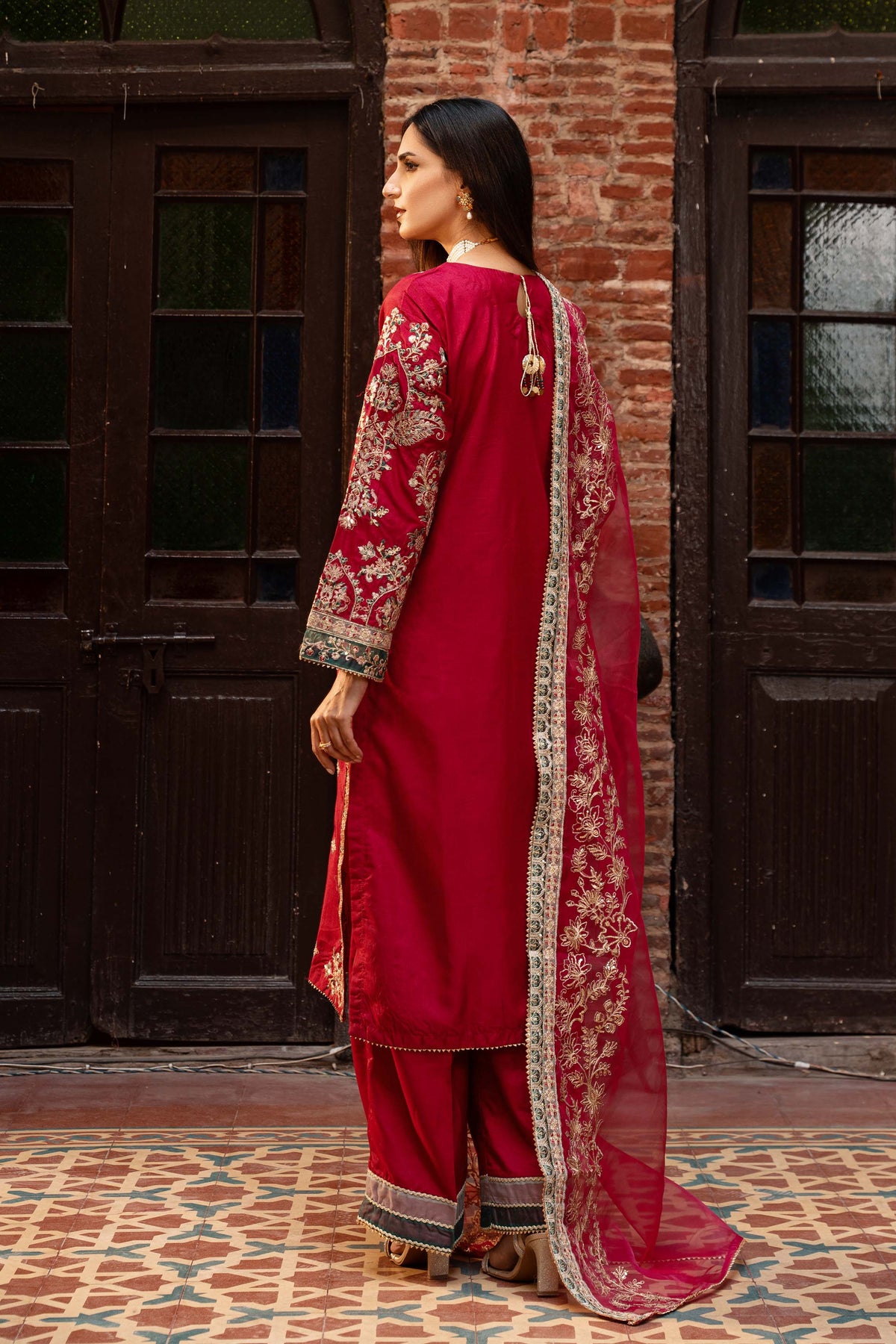 Motif Raw Silk Embroidered Suit-3461