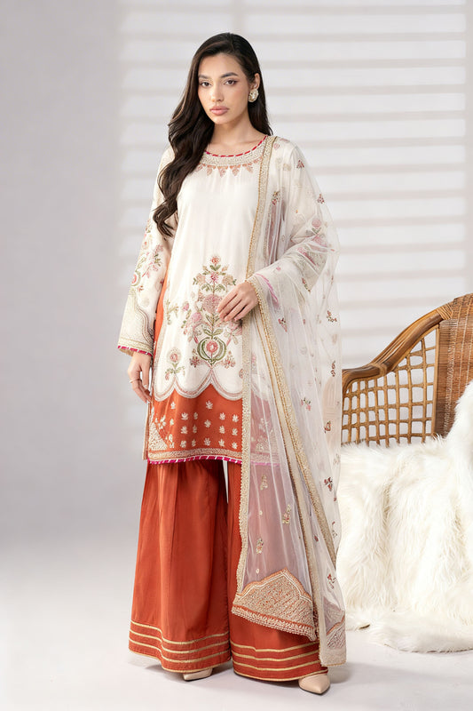 Motif Raw Silk Embroidered Suit-4016
