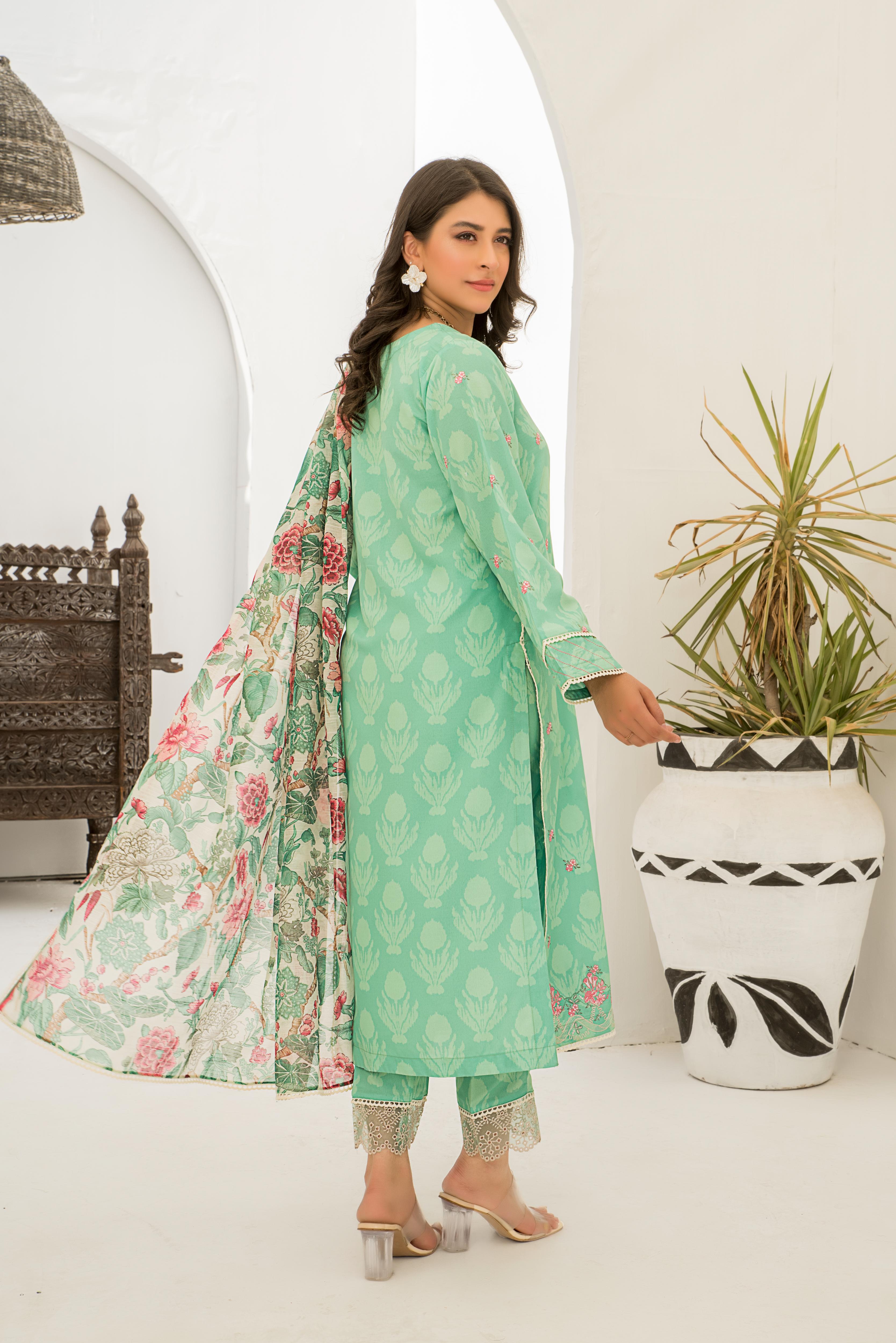 Motif Lawn Printed Suit (GREEN)