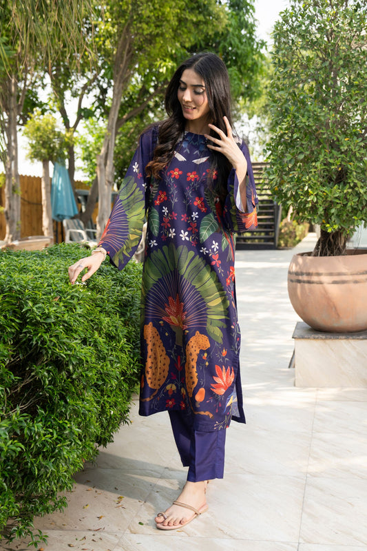 Motif Printed Raw Silk Suit-062