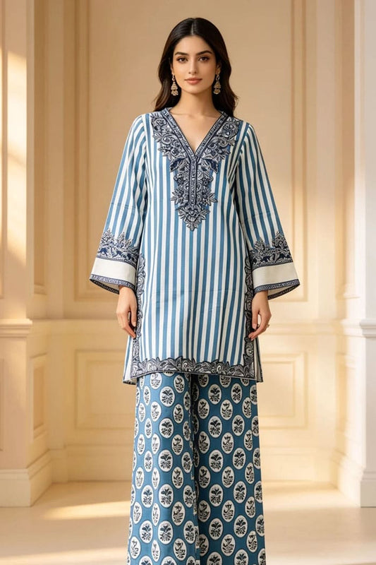 Motif Embroidered Cambric Suit-081