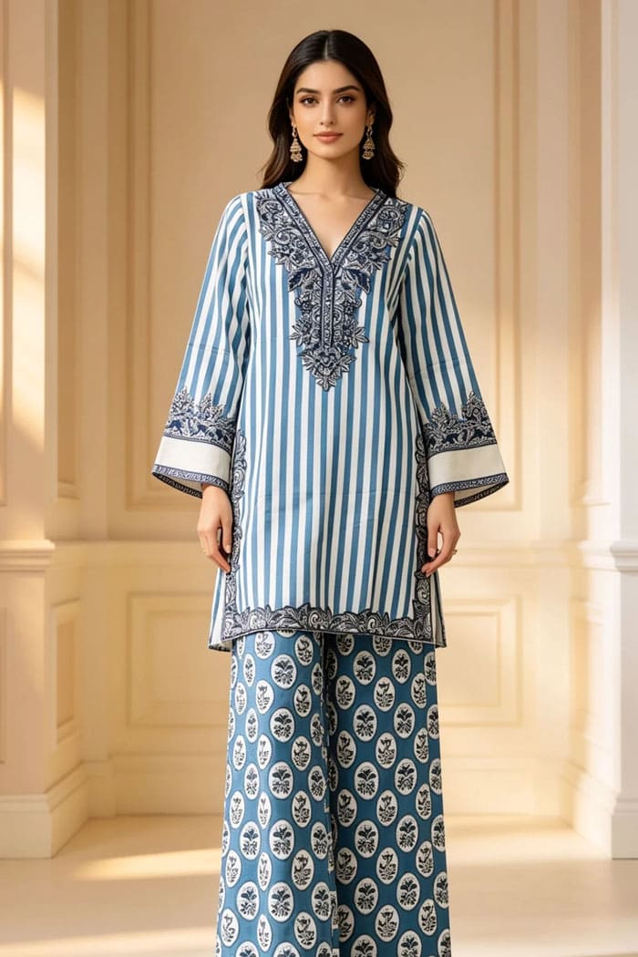 Motif Embroidered Cambric Suit-081