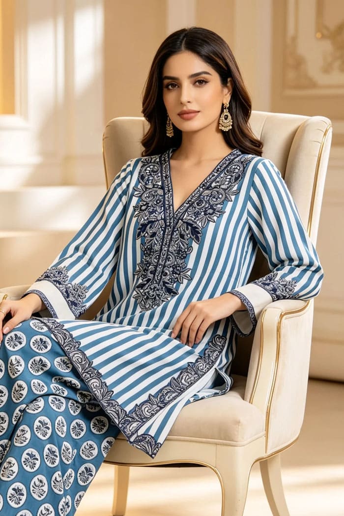 Motif Embroidered Cambric Suit-081
