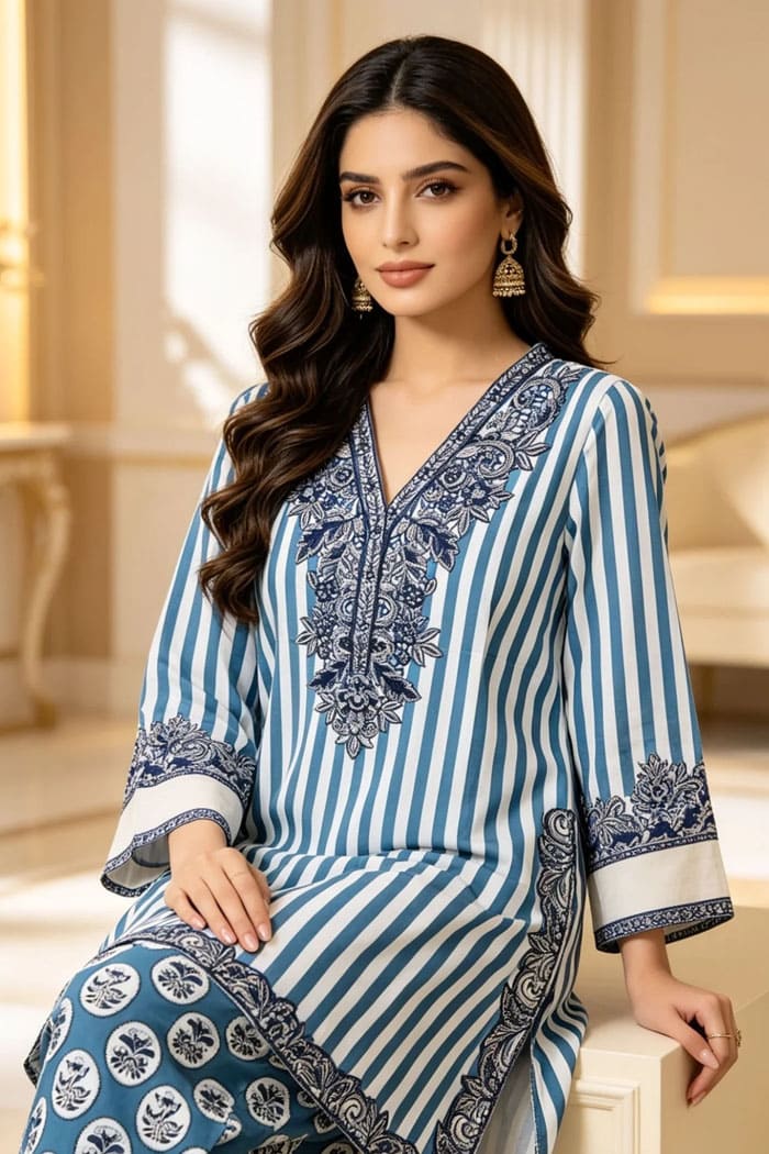Motif Embroidered Cambric Suit-081