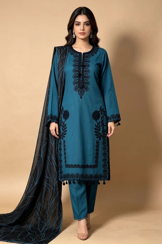Motif Embroidered Cotton Suit-3830