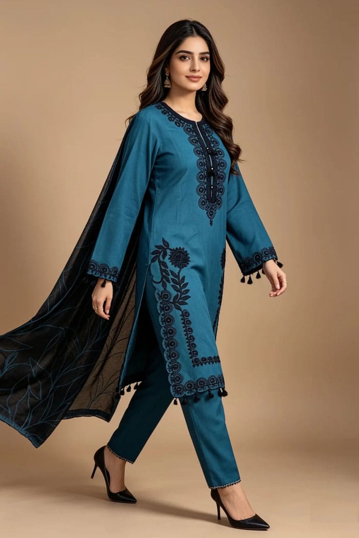 Motif Embroidered Cotton Suit-3830