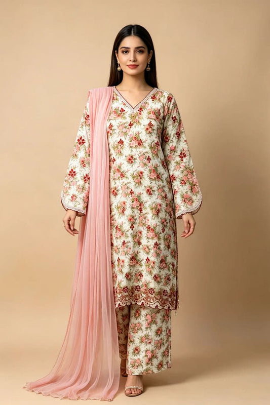 Motif Embroidered Raw Silk Suit-088