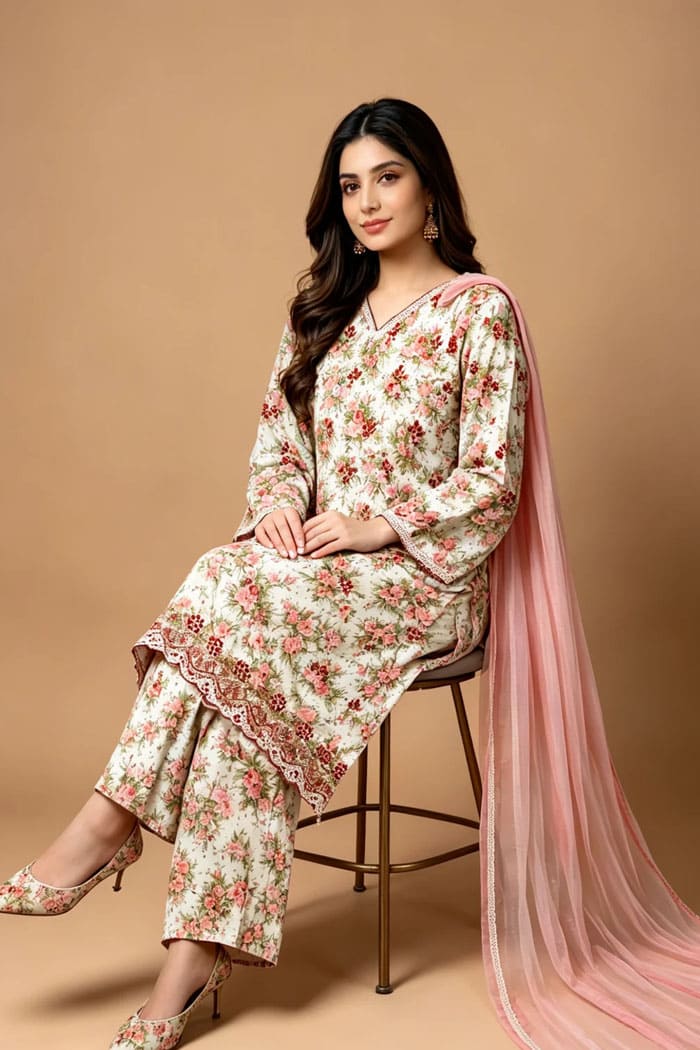 Motif Embroidered Raw Silk Suit-088