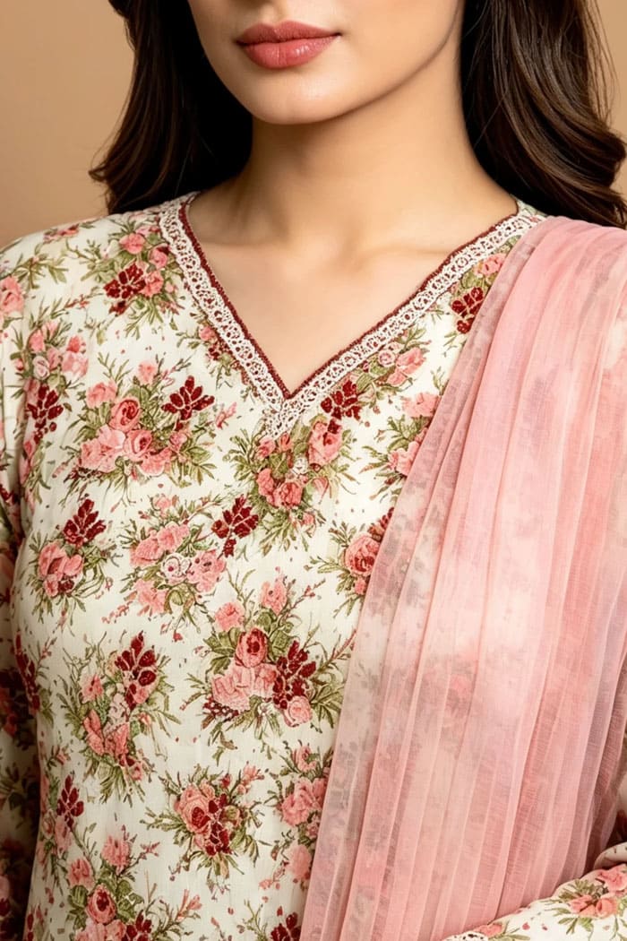 Motif Embroidered Raw Silk Suit-088