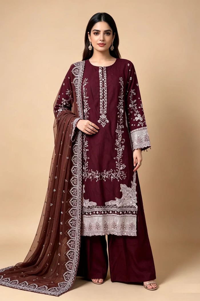 Motif Embroidered Viscose Suit-3816
